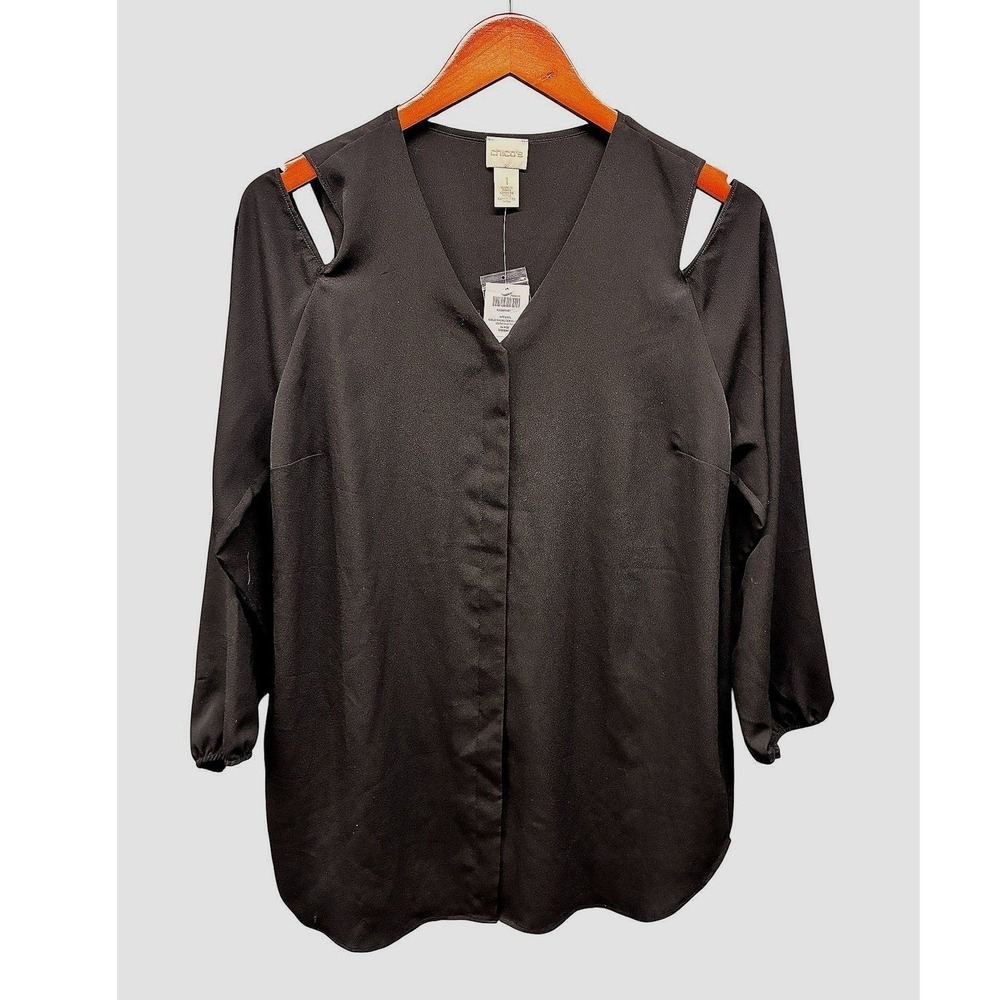 Chico's Cold Shoulder Button Up Blouse Womens M 1 Black Cut Out Lightweight NWT